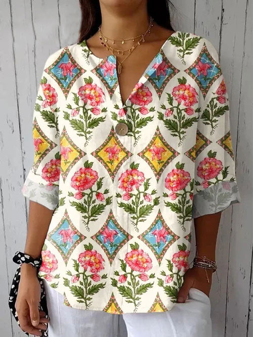 Women's Retro Floral  Art Print Casual Cotton Linen Shirt
