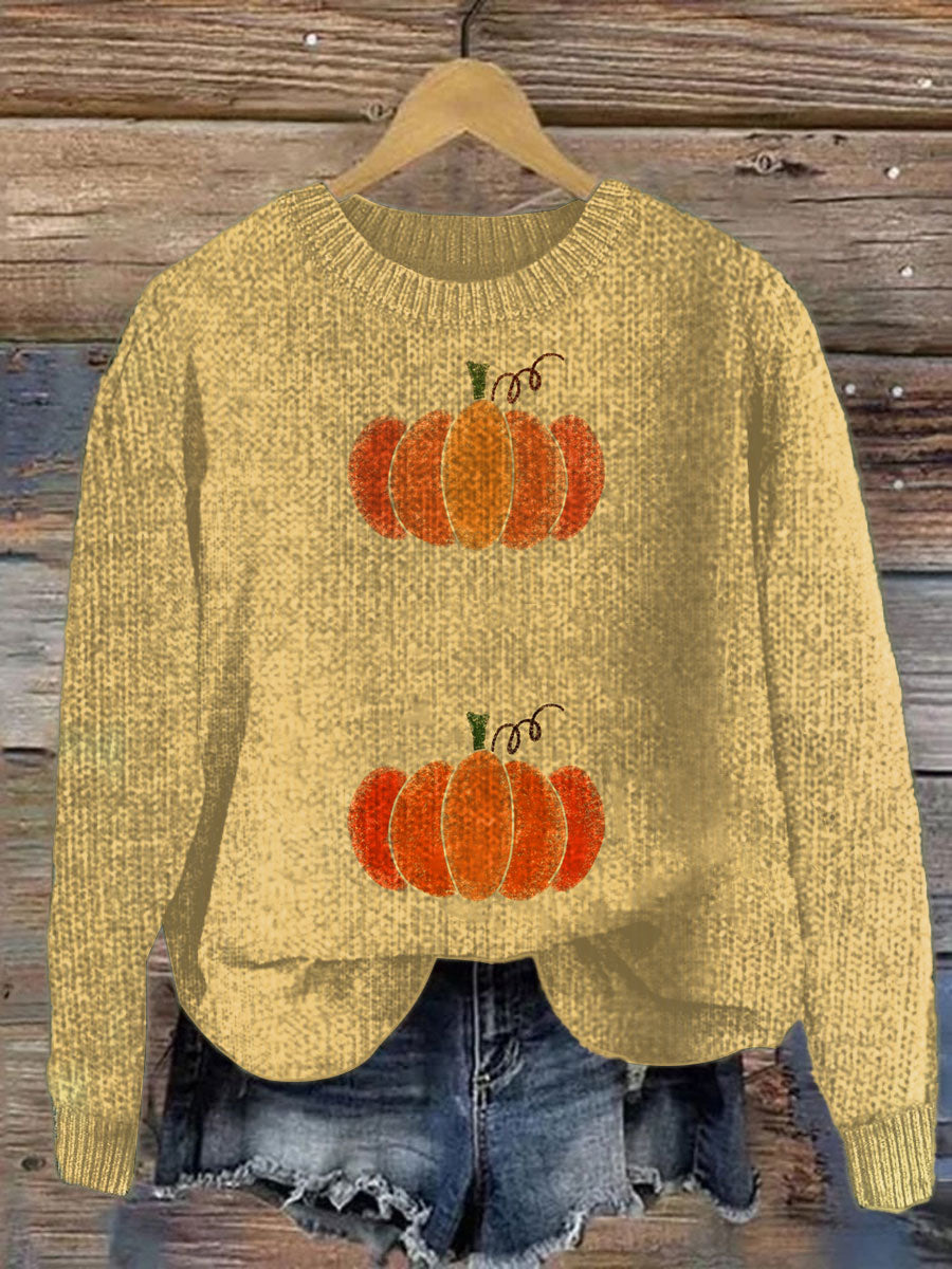Vintage Pumpkin Art Print Knit Pullover Sweater