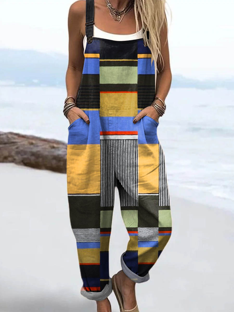 Women's Abstract Geometric Pattern Art Print Casual 100% Cotton Wide Leg Jumpsuit