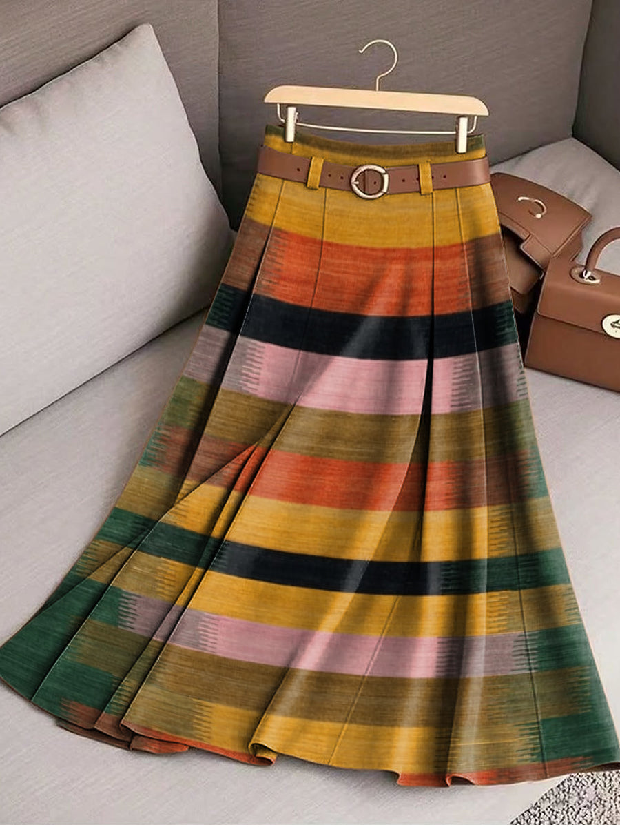 Women's Vintage Colorful Stripe Painting Art Print Cotton Skirt