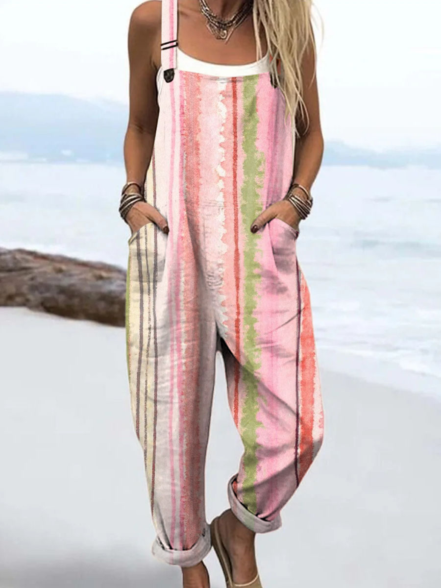 Women's Retro Art Watercolor Lines Print Casual 100% Cotton Wide Leg Jumpsuit