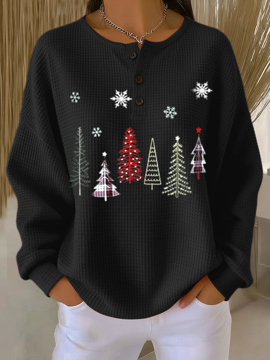 Women's Vintage Christmas Tree Art Print Casual Cotton Shirt