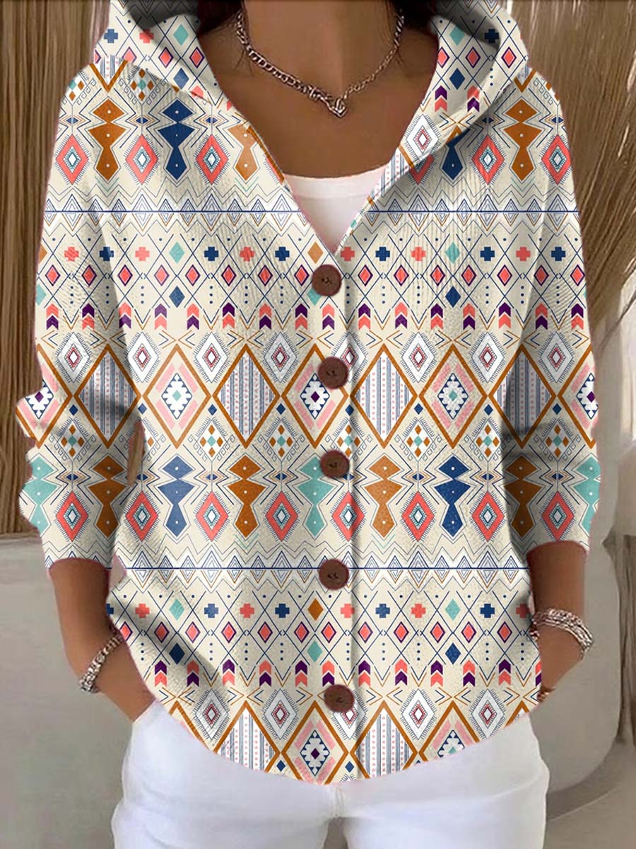 Women's Ethnic Pattern Art Printed Casual Hooded Button Sweater