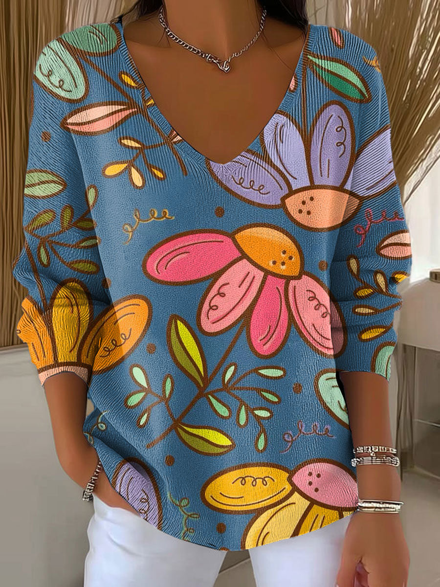 Women's Geometric Flower Pattern Casual Print Pullover Sweater