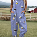 Women's  Funny Bee Flower Art Print Casual 100% Cotton Wide Leg Jumpsuit