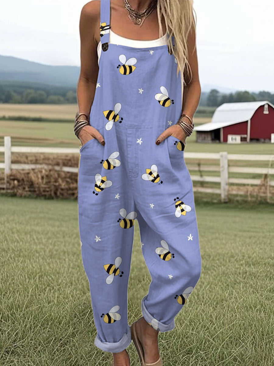 Women's  Funny Bee Flower Art Print Casual 100% Cotton Wide Leg Jumpsuit