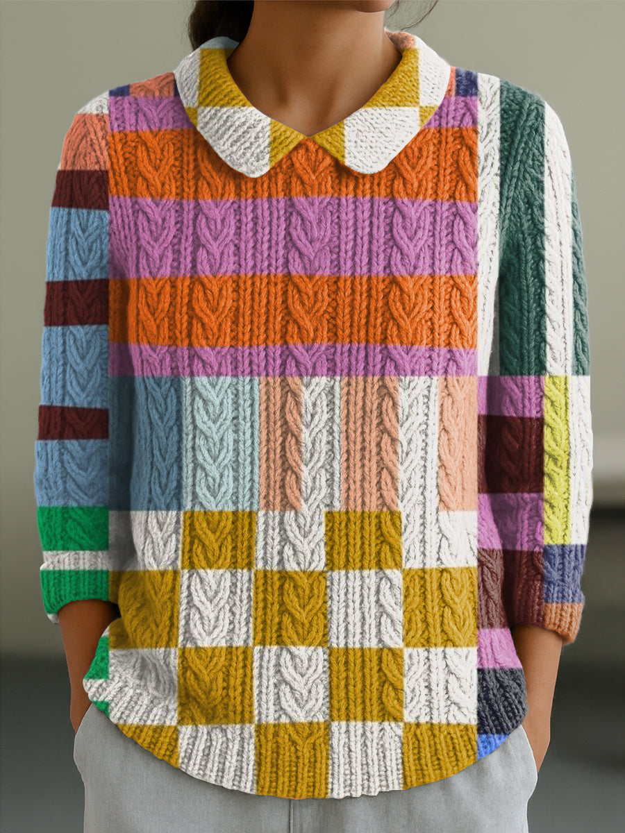 womens-abstract-colorful-geometric-plaid-painting-art-print-casual-peter-pan-collar-3-4-sleeve-sweater-2zqk