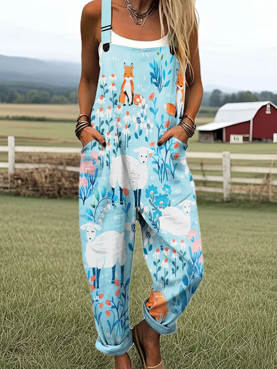Women's Cute Lamb Pattern Art Print Casual 100% Cotton Wide Leg Jumpsuit