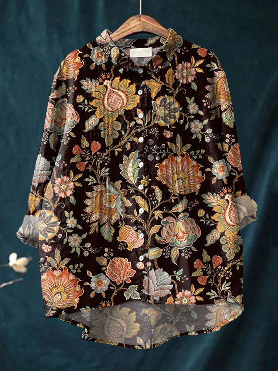 Women's Vintage Floral Pattern Art Print Casual Cotton And Linen Ruffle Shirt