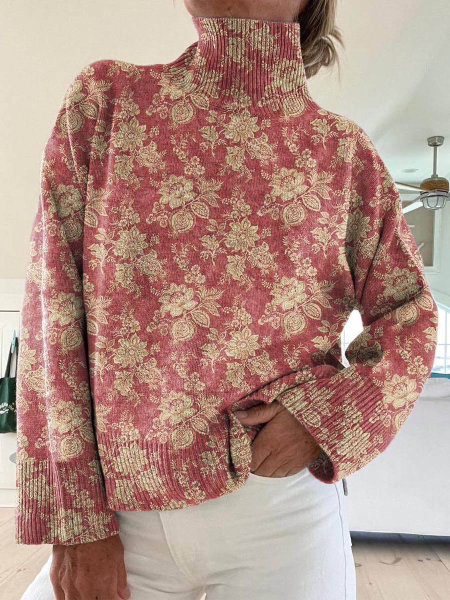 Women's Vintage Lovely Floral Pattern Art Print Knit Turtleneck Pullover Sweater