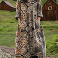 Women's Vintage Floral Art  Print Pocket V-neck Cotton Dress