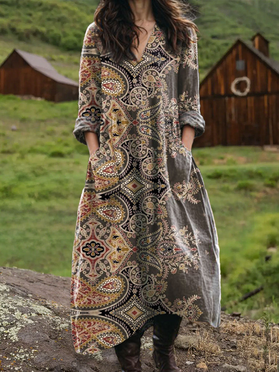 Women's Vintage Floral Art  Print Pocket V-neck Cotton Dress