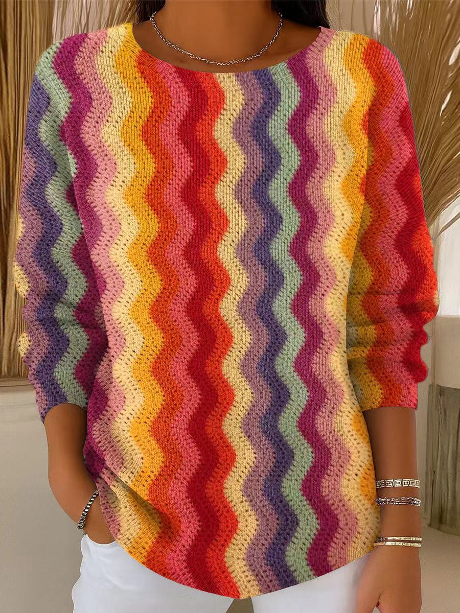 Women's Beautiful Multicolor Wave Painting Art Print Casual Pullover Sweater