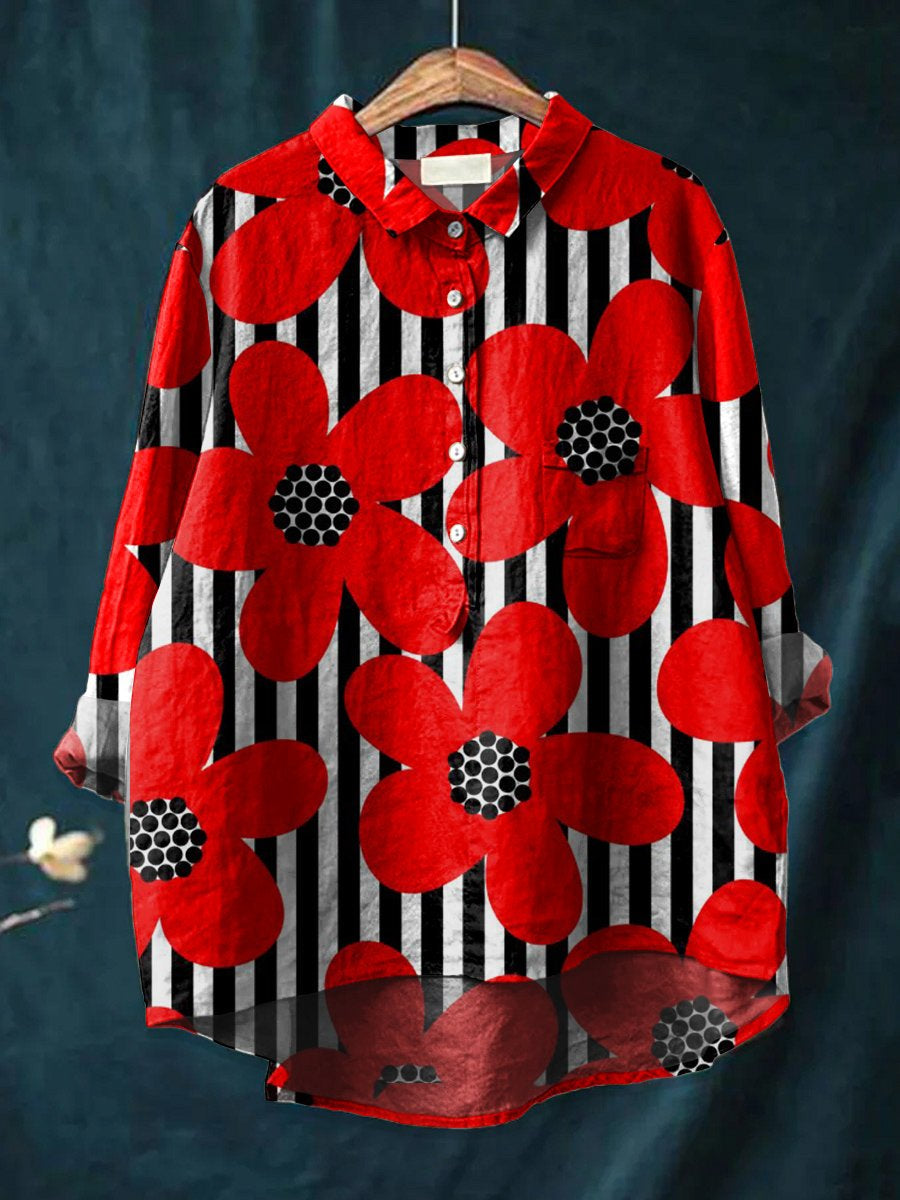 Women's  Flower Art Print Casual Cotton And Linen Shirt