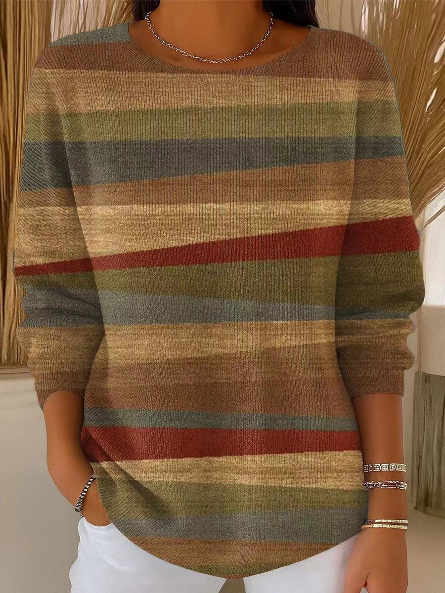 Women's Vintage Geometric Stripe Painting Art Print Casual Pullover Sweater