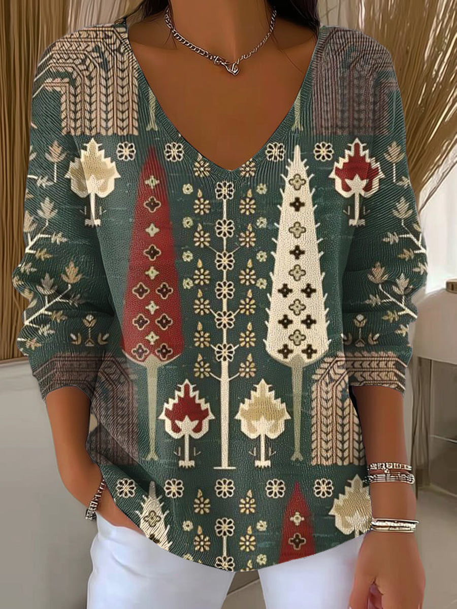 Women's Vintage Geometric Tree Painting Art Print Casual Pullover Sweater