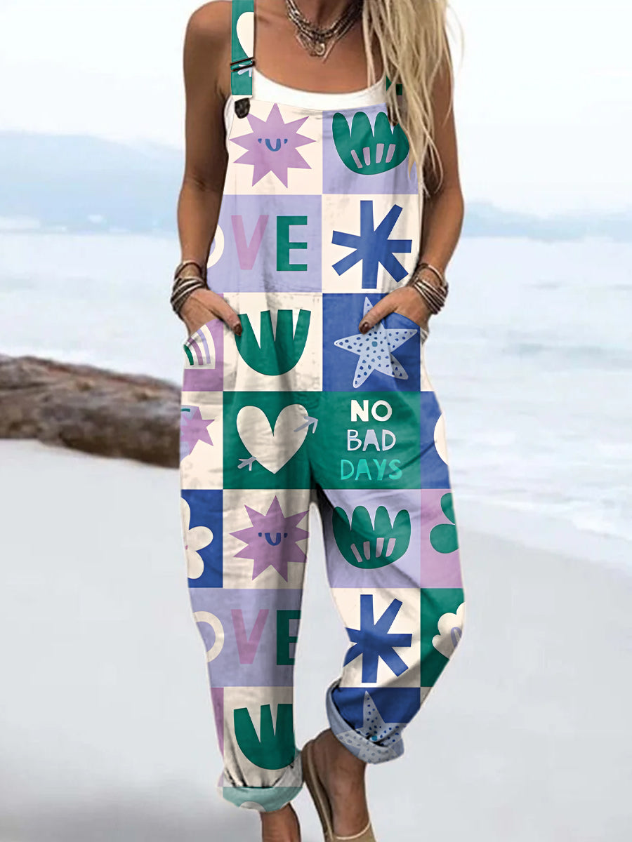 Women's Colourful Art Geometry Print Casual 100% Cotton Wide Leg Jumpsuit