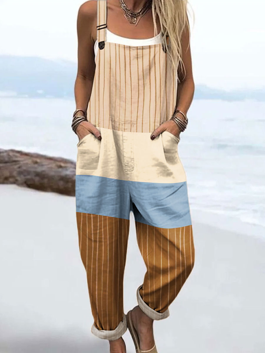 Women's Colorful Abstract Stripes Geometric Art Print Casual 100% Cotton Wide Leg Jumpsuit