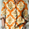 Women's Ethnic Diamond Geometric Floral Painting Art Print Casual Cotton And Linen Ruffle Shirt