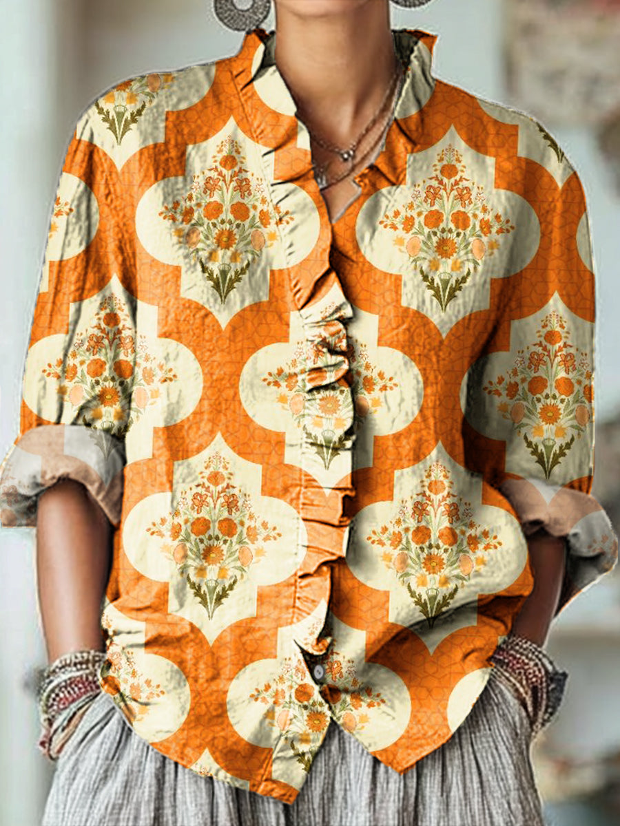Women's Ethnic Diamond Geometric Floral Painting Art Print Casual Cotton And Linen Ruffle Shirt