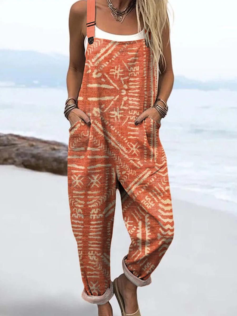 Women's Vintage Ethnic Pattern Art Print Casual 100% Cotton Wide Leg Jumpsuit