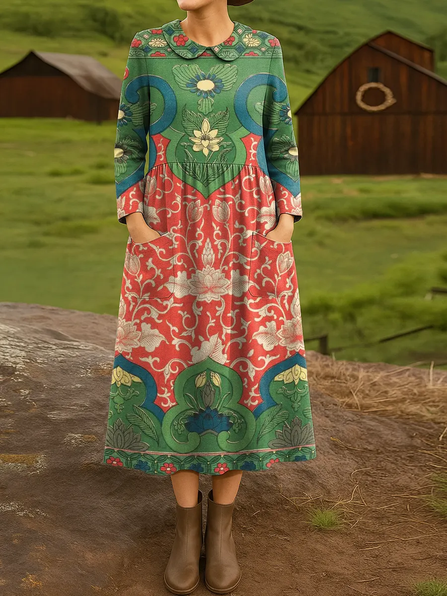 Women's Vintage Floral Pattern Art Print Casual Cotton Dress