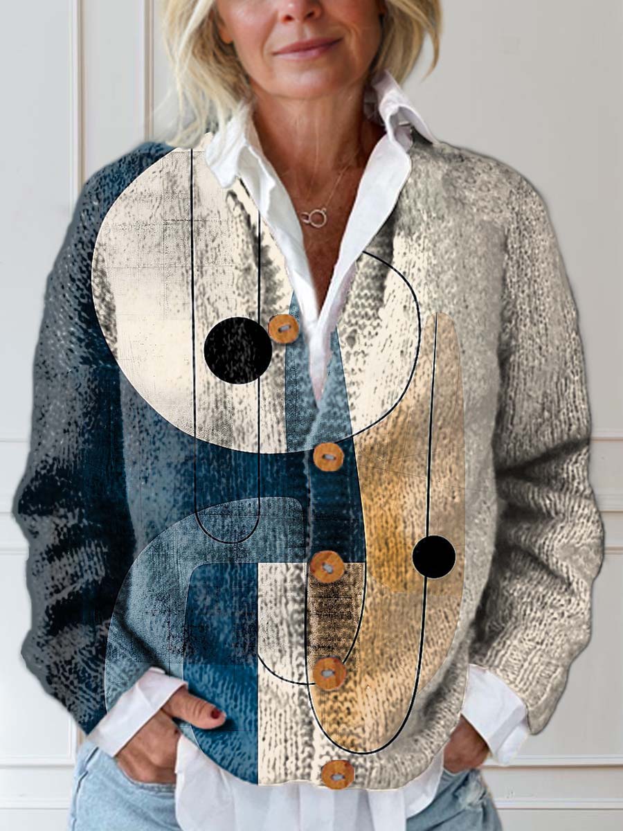 Women's Geometric Pattern Art Print Buttoned Cardigan Sweater