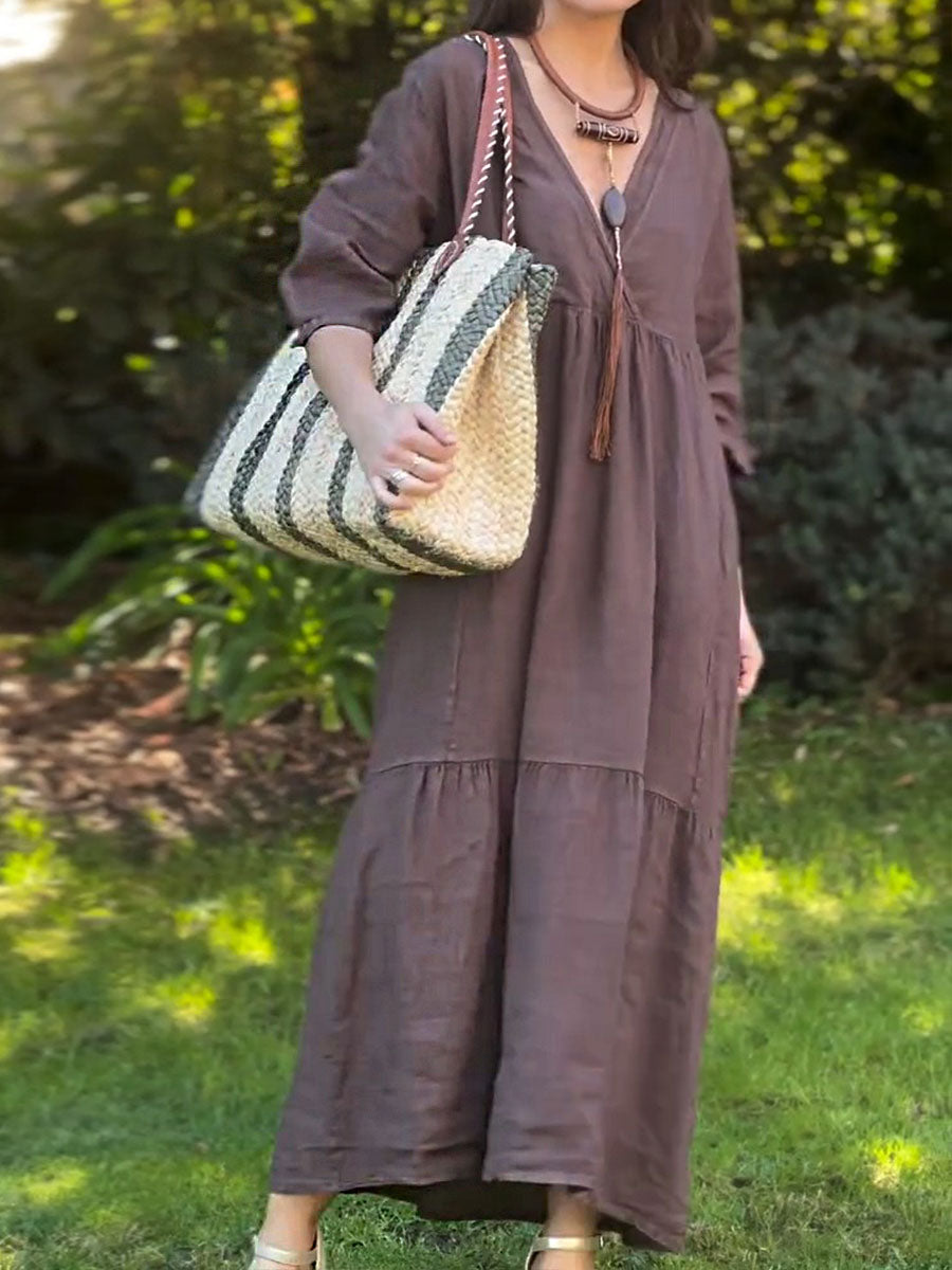 Women's Solid Color V-Neck 3/4 Sleeve Casual Loose Cotton and Linen Dress