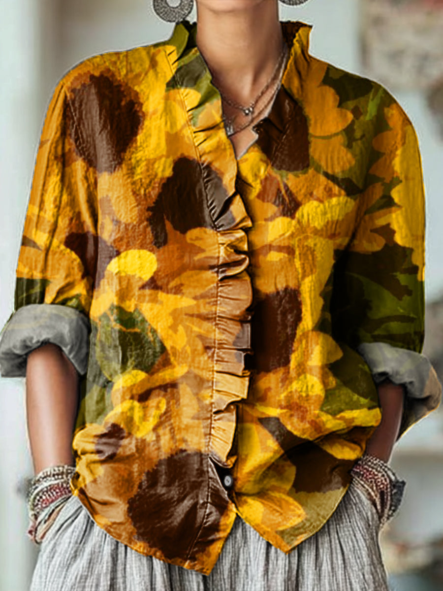 Women's Beautiful Sunflower Flower Painting Art Print Casual Cotton And Linen Ruffle Shirt