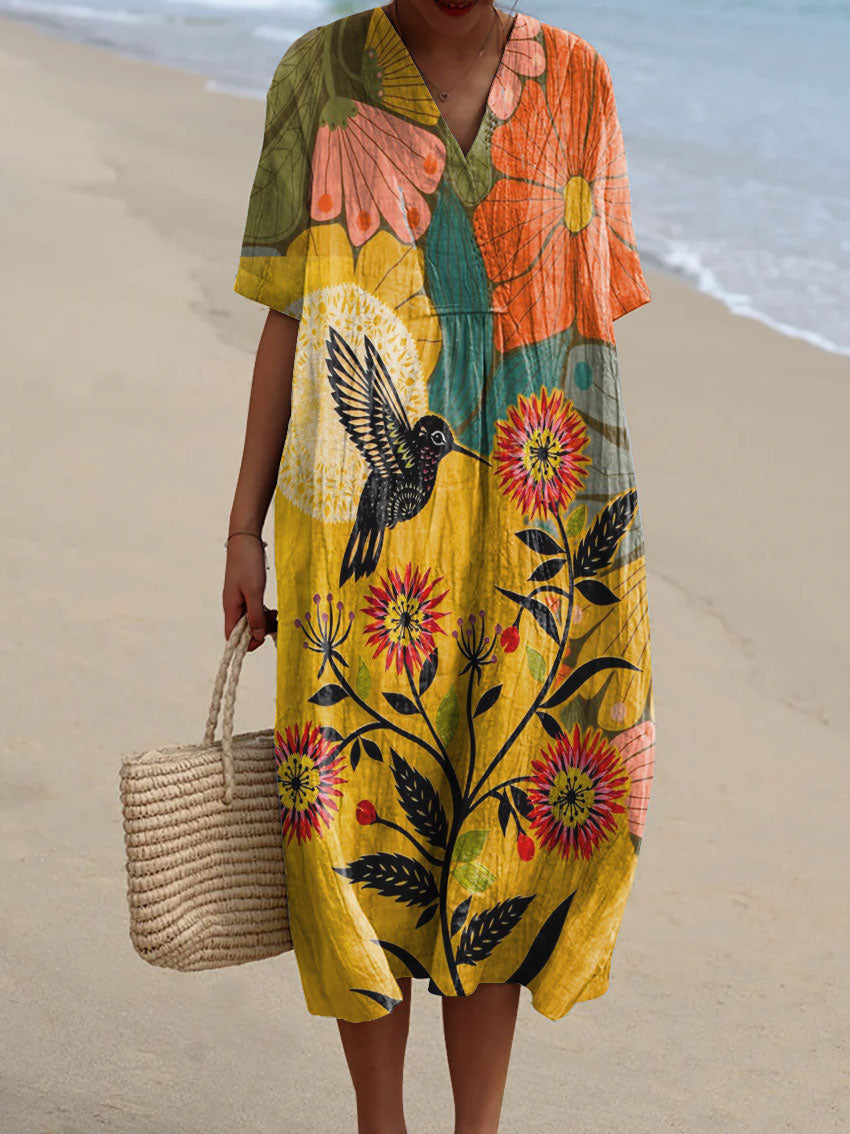 Women's Vintage Flower Art Print Flowy Dress