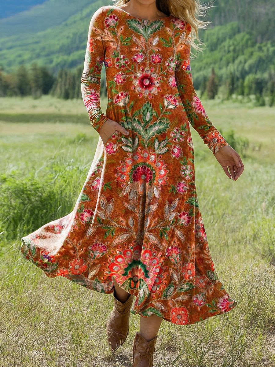 Women's Beautiful Ethnic Floral Painting Art Print Long-sleeved Dress