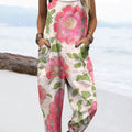 Women's Vintage Floral Art Print Casual 100% Cotton Wide Leg Jumpsuit
