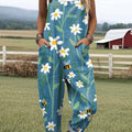 Women's Artistic Floral Bees Print Casual 100% Cotton Wide Leg Jumpsuit