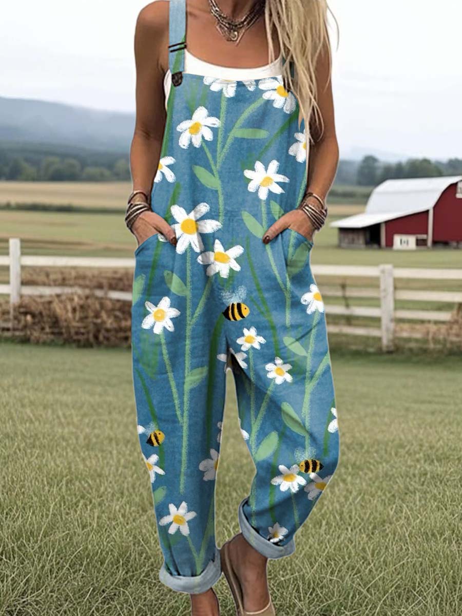 Women's Artistic Floral Bees Print Casual 100% Cotton Wide Leg Jumpsuit