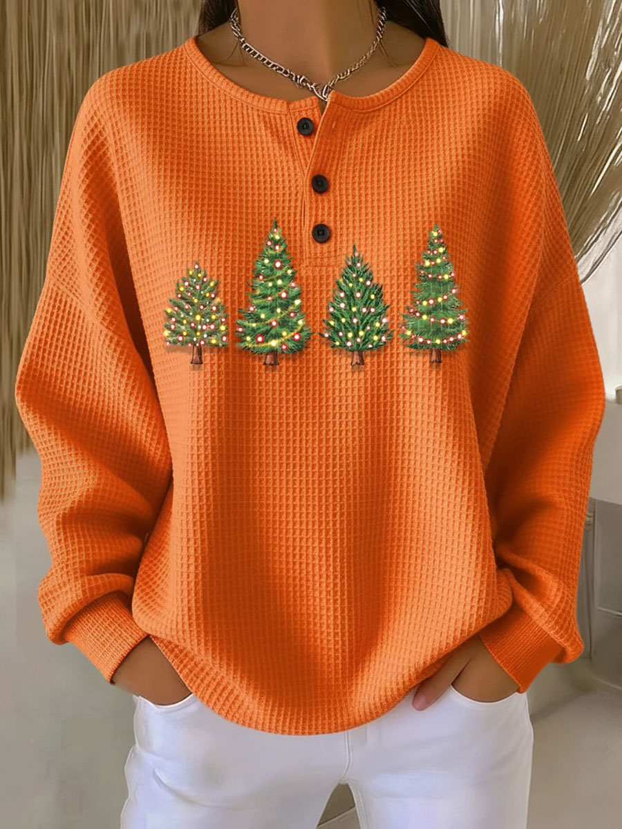 Women's Vintage Christmas Tree Art Print Casual Cotton Sweatshirt