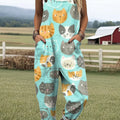 Women's Artistic Abstract Cat Print Casual 100% Cotton Wide Leg Jumpsuit