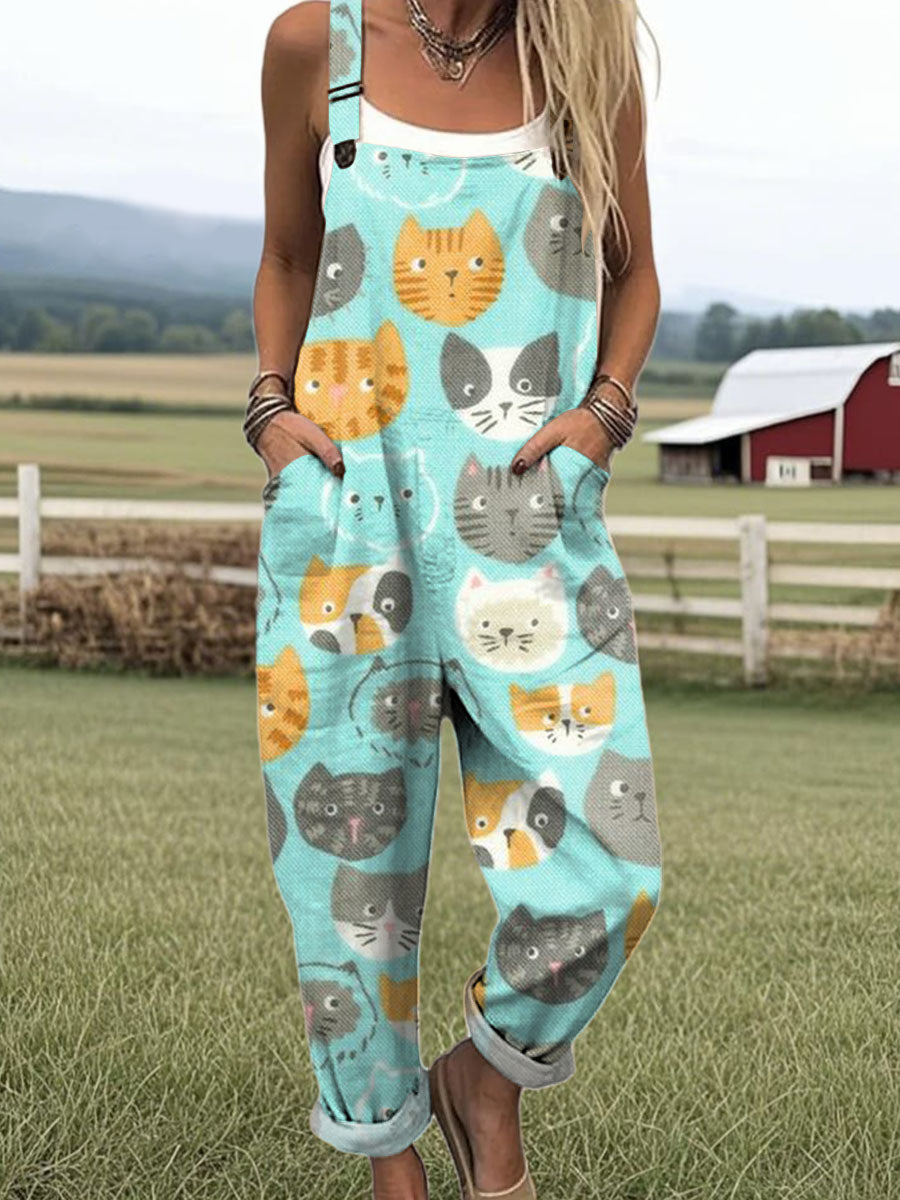 Women's Artistic Abstract Cat Print Casual 100% Cotton Wide Leg Jumpsuit