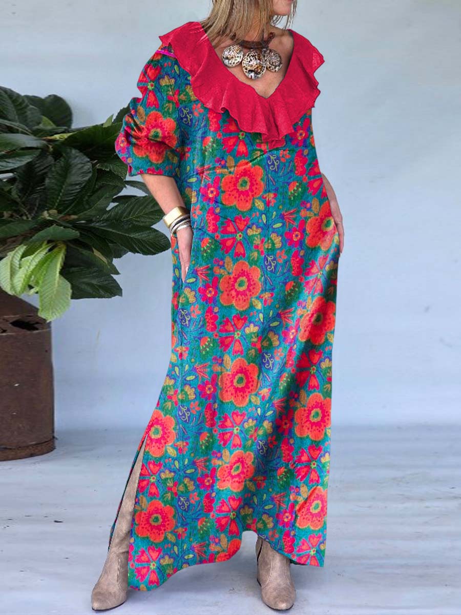 Women's Ruffle V-neck Retro Floral Print Long Sleeve Casual Cotton and Linen Dress