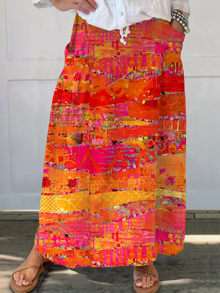 Women's Vintage Abstract Geometric Art Print   Linen Pocket Skirt