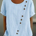 Women's Cotton-linen Short-sleeve Top With Round Neck And Buttons