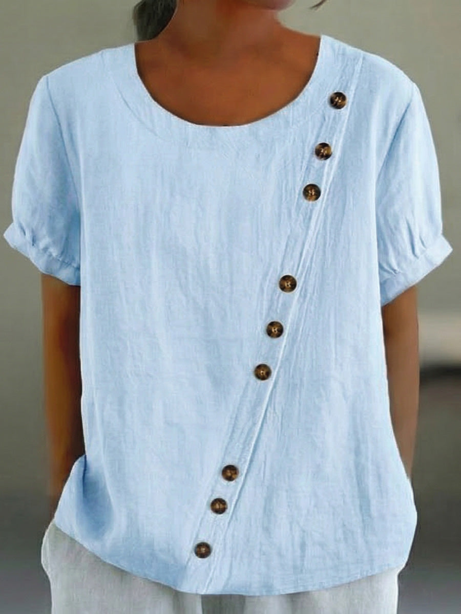 Women's Cotton-linen Short-sleeve Top With Round Neck And Buttons