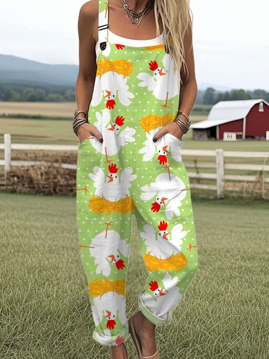 Women's  Funny Chicken Art Print Casual 100% Cotton Wide Leg Jumpsuit