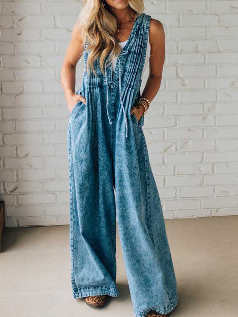 Women's Vest-style Tie-down Pleated Jumpsuit