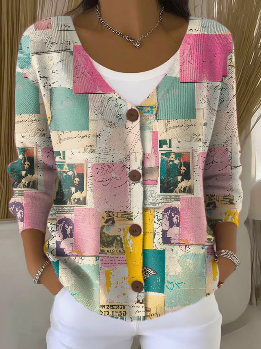 pictorial-print-buttoned-v-neck-cardigan-sweater