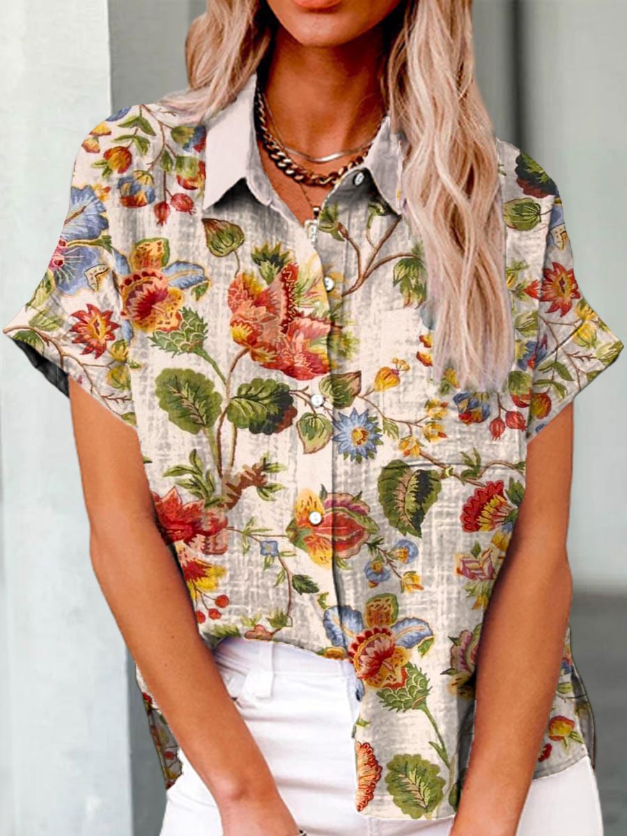 Women's Floral Pattern Art Print Casual Cotton Shirt