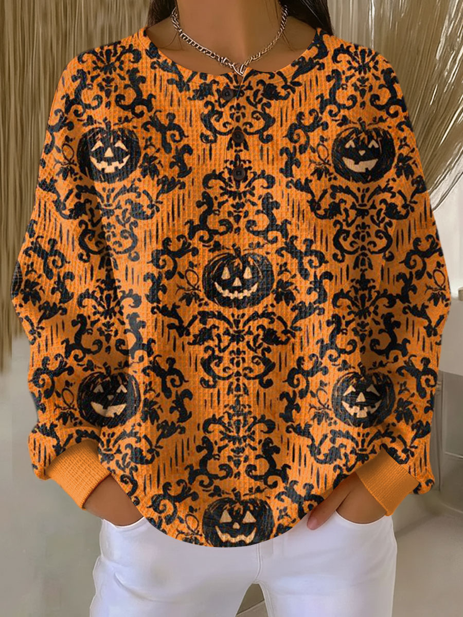 Women's Halloween Pumpkin Pattern Art Print Casual Cotton Sweatshirt