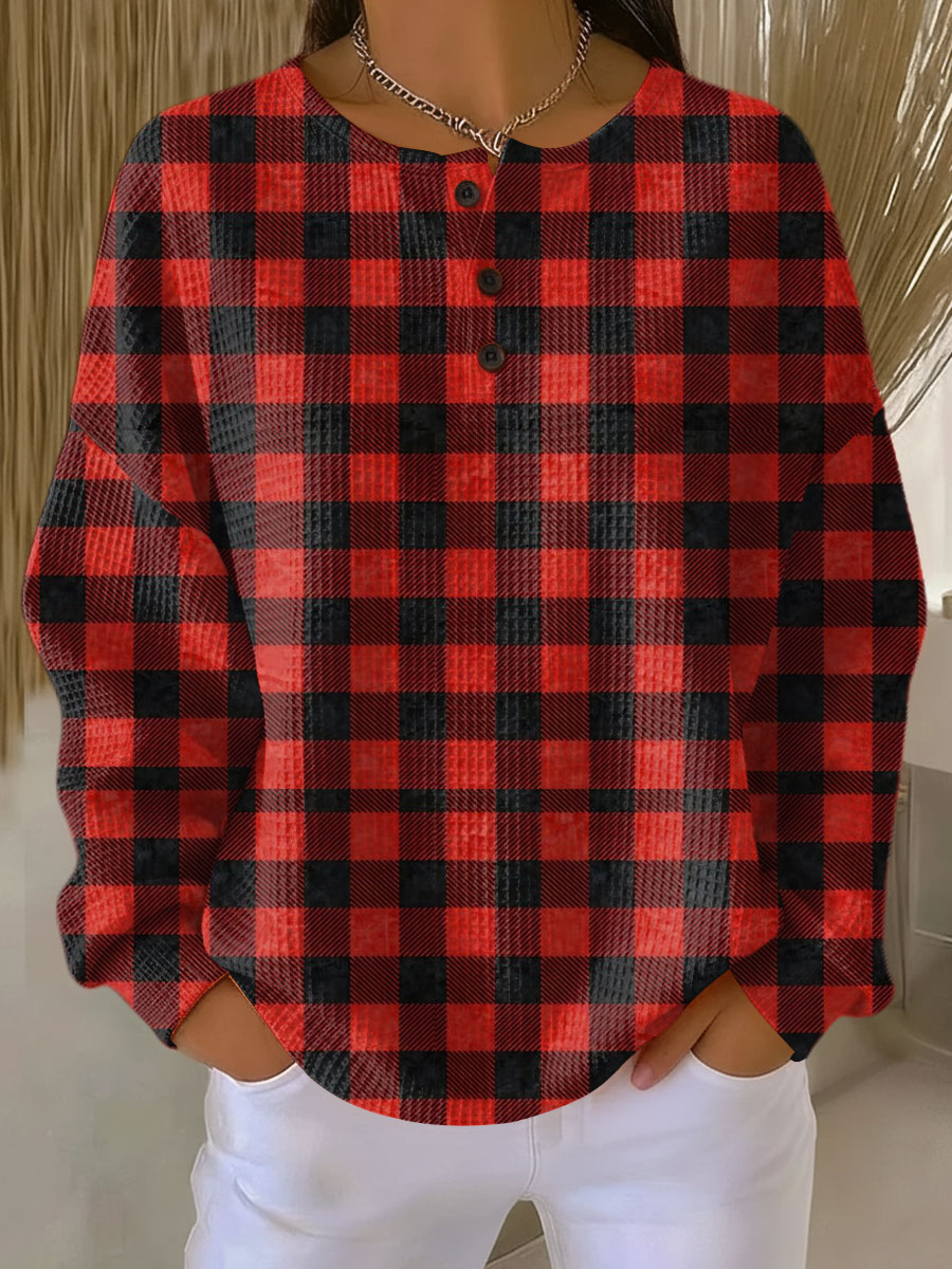 Women's  Vintage Christmas Plaid Art Print Casual Cotton Sweatshirt