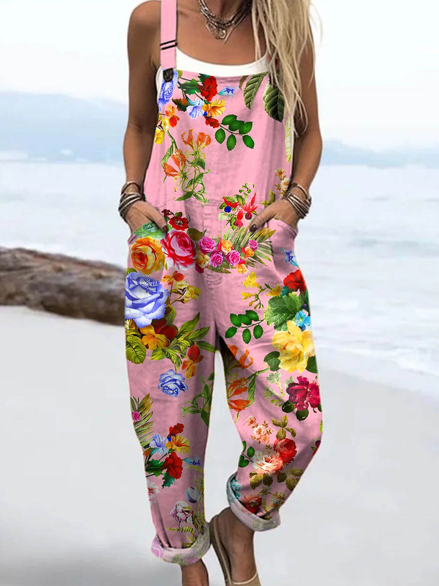 Women's Vintage Floral Pattern Art Print Casual 100% Cotton Wide Leg Jumpsuit