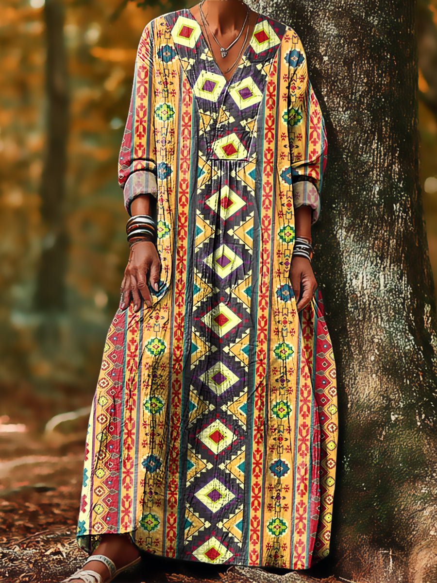 Women's Vintage Ethnic Geometric Stripe Painting Art Print Dress