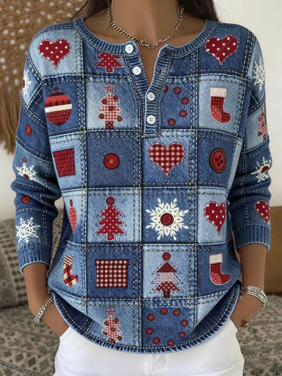 Women's Christmas Tree Art Print Buttoned Cardigan Sweater